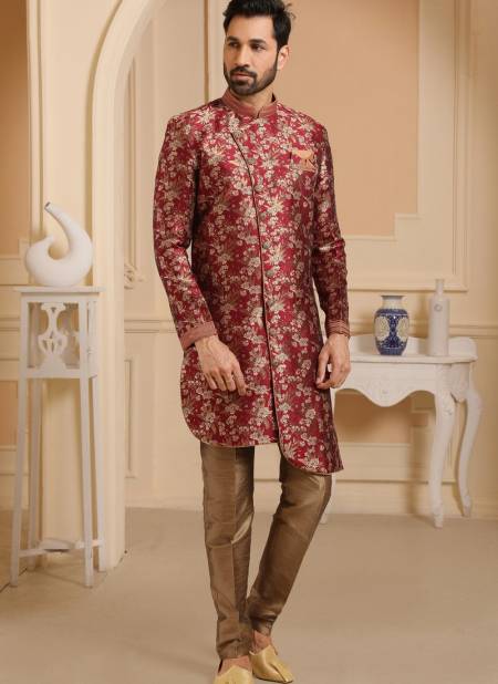 Maroon Colour New Party Wear Jacquard Silk Digital Print Indo Western Mens Collection 9232
